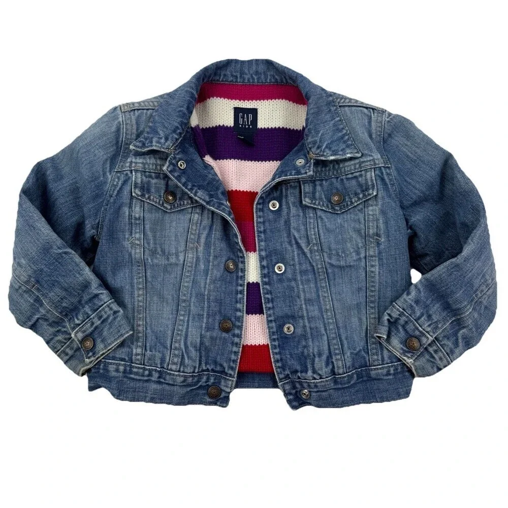 GAP Kids Denim Jean Jacket Colorful Striped Sweater Lining Size Small 6-7